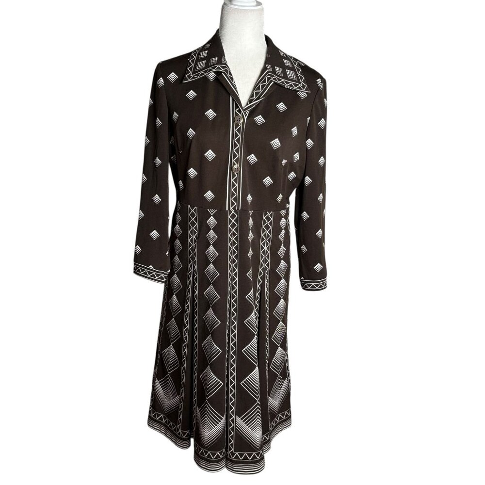 Vintage 70 Geometric Long Sleeve Collared Dress Medium Brown Pleated Zipper
